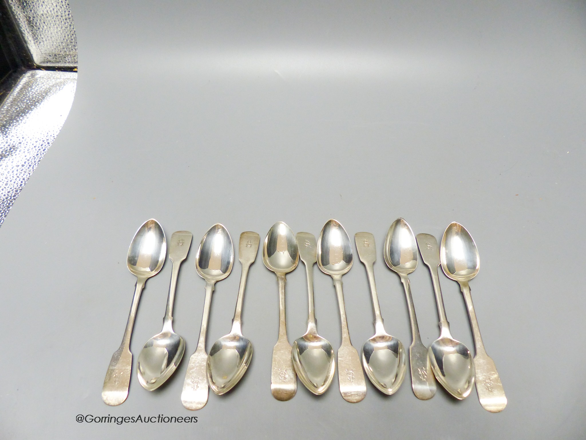 A set of eleven William IV Irish silver fiddle pattern teaspoons, Charles Marsh, Dublin, 1830, 7oz.